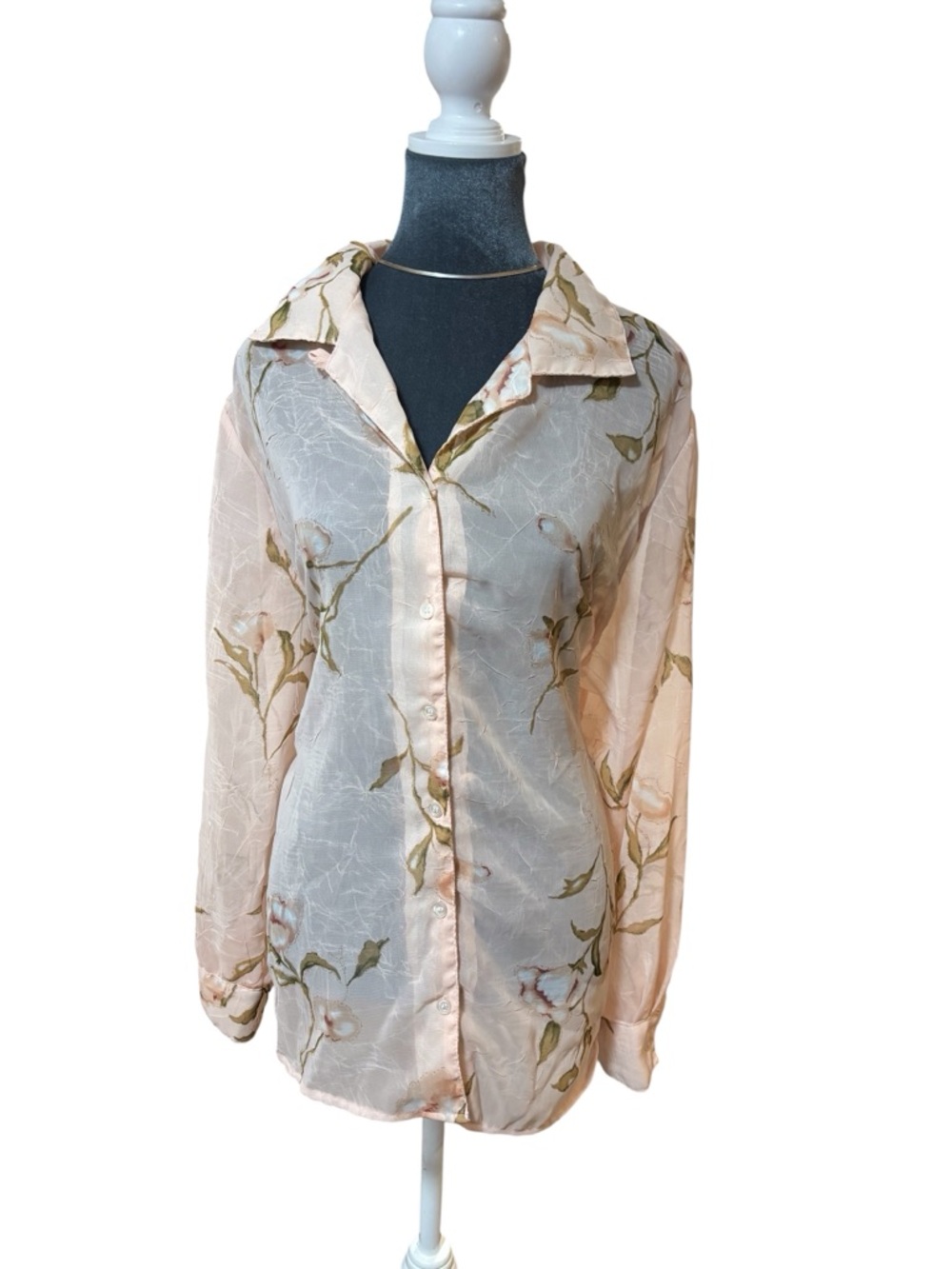 Sheer Floral Button-Down Blouse in Peach